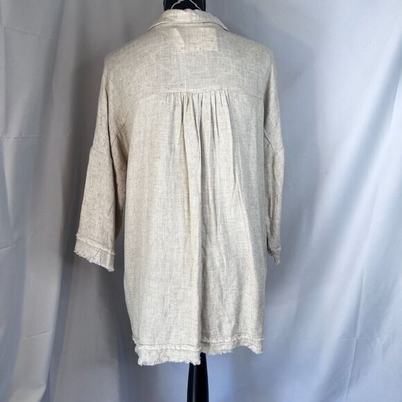 The Porter Collective NWT Vneck Fringe Trim Linen Blend Neutral Top Size Large - Picture 3 of 8